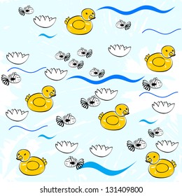 Sweet seamless pattern with fish and ducks