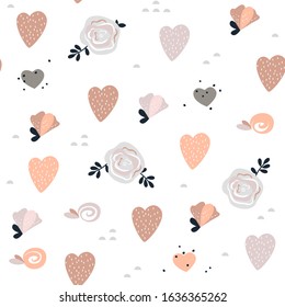 Sweet seamless pattern with flowers and hearts. Modern vector digital paper for romantic Valentine's day theme. Simple minimalist nordic style background in soft pastel colors for baby nursery