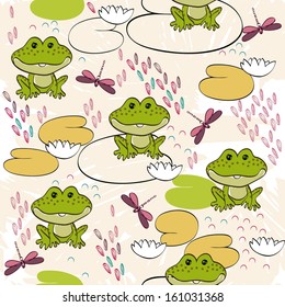 Sweet seamless pattern with frogs and dragonflies