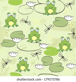 Sweet seamless pattern with frogs and dragonflies