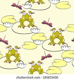 Sweet seamless pattern with frogs and dragonflies