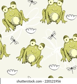 Sweet seamless pattern with frogs and dragonflies