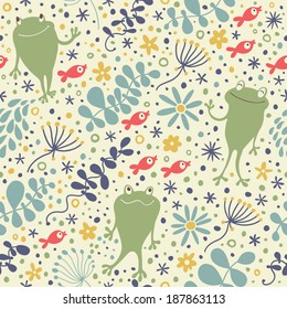 Sweet seamless pattern with frogs,  fish, water plants, flowers. Cute vector background can be used in birthday design, children bedroom.