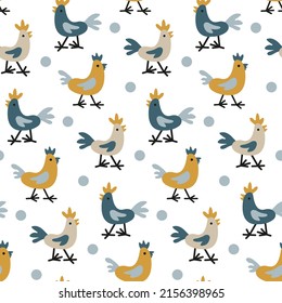 Sweet seamless pattern with funny farm roosters. Cartoon birds on white motley background in scandinavian style. Animal print for design of baby textile products, nice kids fabrics, nursery wallpaper.