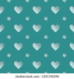 Sweet seamless pattern with gradient stars and hearts on the green blue background. Cute romantic ornament for cards, banners, invitation, scrapbook, wrapping paper, packaging. Vector illustration