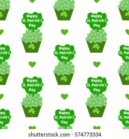 Sweet seamless pattern with green cupcake and hearts.  Happy St. Patrick's Day. Holiday background with clover and cream. 