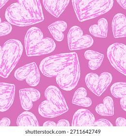 Patrón sin costuras dulce con corazones rosados dibujados a mano en una textura de crayón y pastel. Fondo de Vector monocromo para el día de San Valentín, boda, amor, ropa de bebé, tarjetas de felicitación y envoltura de regalos.