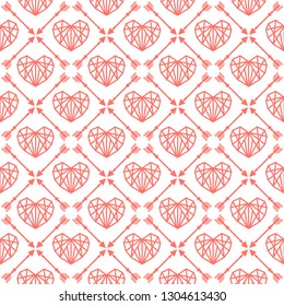 Sweet seamless pattern of hearts, crystals and arrows. Geometry.  Excellent illustration for printing on clothes, fabrics, dishes, wrapping paper and other surfaces.