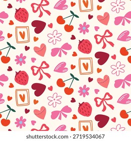 Un patrón dulce sin fisuras con corazones, fresas y cerezas para el día de San Valentín. Ilustración romántica del amor para la tela, el papel, las invitaciones, el empaquetado, y los fondos. Vector.