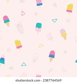 Süße nahtlose Muster. Eiscreme-Zeichnung.Sommerwiederholmuster für Kinder.Vektorgrafik-Design für Modestoffe, Textilien-Grafiken, Drucke mit rosafarbenen Streifen.