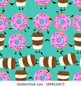 Dulce patrón sin costura con donuts de kawaii y café. Ilustraciones vectoriales.
