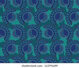 sweet seamless pattern with lacy segments on blue-green background. childhood motif.