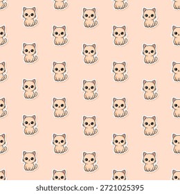  Padrão suave sem emenda de gatinhos de gato bege pequeno em um estilo de adesivo kawaii em um fundo de pêssego macio. Ideal para artigos de papelaria para crianças, reserva de sucata, tecido com temas animais e impressões têxteis.