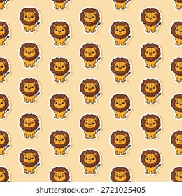 Sweet seamless pattern of little cartoon lions in a kawaii sticker style on a light yellow background. Ideal for safari themed nursery art, baby clothes and animal themed pattern fabric.