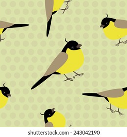 Sweet seamless pattern with little yellow birds on a neutral beige background decorated with polka-dots