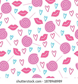 Sweet seamless pattern. Lollipop, kiss, lips with hearts isolated on white background. Happy valentine's day pink cute cartoon hand drawn composition. Ude to invitation, wrapping paper, template. 