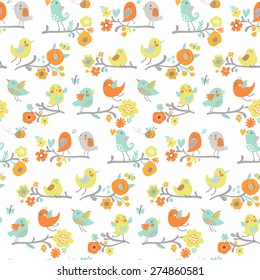 Sweet seamless pattern made of cute cartoon birds on branches. Lovely background in spring bright colors. Awesome clear design for summer advertisement 