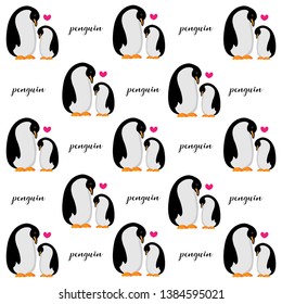 Sweet seamless pattern with mom and baby penguin.