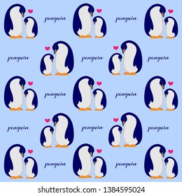 Sweet seamless pattern with mom and baby penguin.