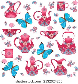 Sweet seamless pattern with ornate cups, teapots, coffee pots, gravy boat, paisley, big blue butterflies and small flowers isolated on white background in vector. Print for fabric, wallpaper.