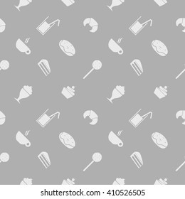 Sweet seamless pattern. Party food and deserts: ice cream, juice, croissant, lollipop, cupcake, popsicle, chocolate, milkshake, donut, pie, cake, coffee, cappuccino. Vector seamless background flat
