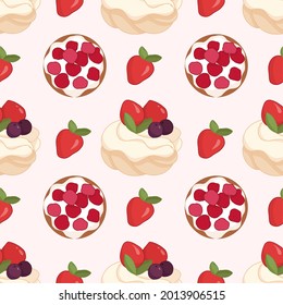 Sweet seamless pattern with pavlova meringue dessert and
berry tartlet. Vector background