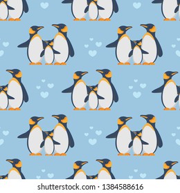 Sweet seamless pattern with penguin family cartoon.
