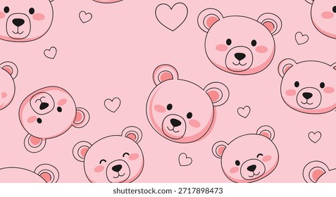 Dulce patrón sin fisuras con cabezas de oso rosa y corazoncitos sobre un fondo rosa suave perfecto para accesorios de bebé niña.