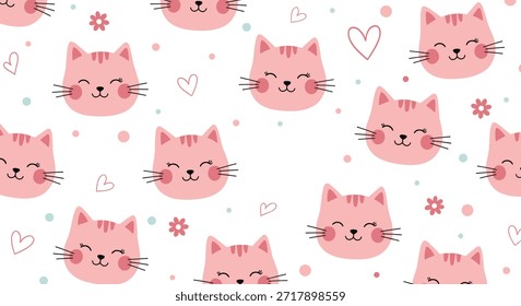 Dulce patrón sin fisuras con caras de gato rosa pequeños corazones y flores en un estilo delicado perfecto para el Fondo de pantalla de la guardería de las niñas.