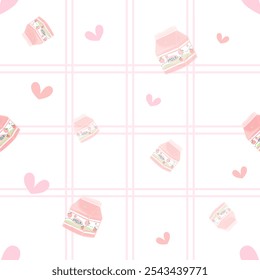 Sweet seamless pattern, pink heart and strawberry milk.