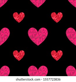 Sweet seamless pattern with pink and red polygonal hearts on the black background. Romantic ornament for cards, banners, invitations, scrapbook, wrapping paper, packets. Vector illustration