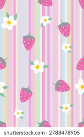 Sweet seamless pattern with pink strawberries, white flowers and pastel striped background. Cute hand drawn vector design for fabric, wrapping paper, wallpaper and textile prints.