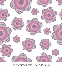 Padrão suave e sem emenda com formas de mandala florais macias e macias em cores de gradiente pastel em fundo branco.Design vetorial para têxteis femininos, casamento, chá de bebê, desgaste de ioga, artigos de papelaria e decoração