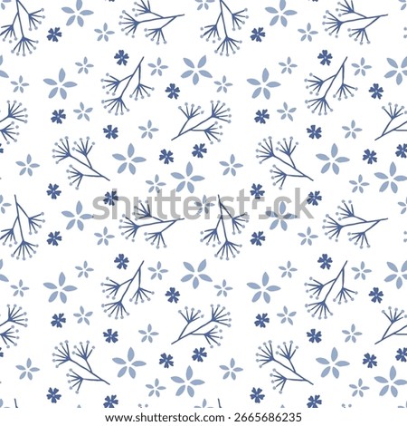 Sweet seamless pattern of stylized blue flowers and branches on a white background. A delicate floral illustration with a fresh and clean aesthetic. A charming botanical design for various projects.