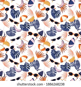 Sweet seamless pattern summer vibes ,hand drawn beach elements such as sunglasses, palm leaves,banana, orange, umbrella,Design for fashion , fabric, textile, wallpaper, cover, web , wrapping 