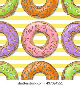 Sweet seamless pattern with tasty donuts; design for dessert menu in cafe; vector illustration with sketch effect; poster or postcard, textile print