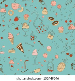 Sweet seamless pattern with various elements for tea. Seamless pattern can be used for wallpaper, pattern fills, web page backgrounds, surface textures. Eps 10