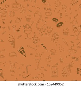 Sweet seamless pattern with various elements for tea. Seamless pattern can be used for wallpaper, pattern fills, web page backgrounds, surface textures. Eps 10 