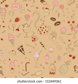 Sweet seamless pattern with various elements for tea. Seamless pattern can be used for wallpaper, pattern fills, web page backgrounds, surface textures. Eps 10