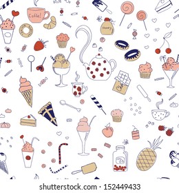 Sweet seamless pattern with various elements for tea. Seamless pattern can be used for wallpaper, pattern fills, web page backgrounds, surface textures. Eps 10