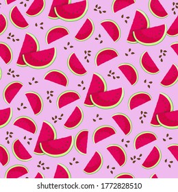 Sweet seamless pattern with watermelon slices. Purple playful summer background for your designs.