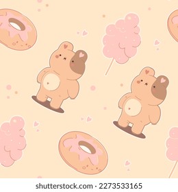 Sweet seamless pattern.Cute teddy bear,donut,cotton candy. Kawaii background for candy store, cafe, bakery, packaging