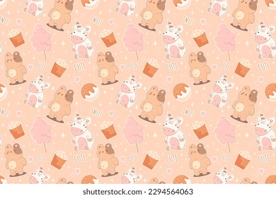 Sweet seamless pattern.Cute teddy bear,donut,cotton candy,unicorn,ice cream.Kawaii background for print,bakery,packaging