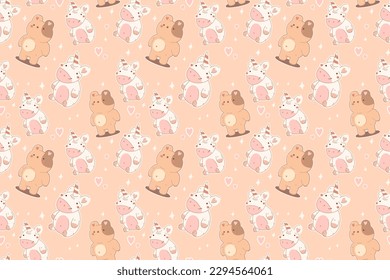 Patrón suave y dulce.Oso de peluche, unicornio y corazones rosados.Fondo vectorial kawaii para impresión,embalaje