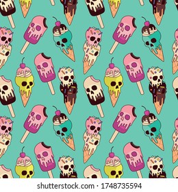 Sweet seamless pattern.Skull ice cream drawing with green background.Summer repeat pattern for kids.Vector illustration design for fashion fabrics, textile graphics, prints.