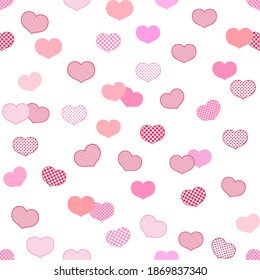 Sweet seamless pink heart pattern isolated on white background. They’re randomly directions and pattern inside. Decorating for wrapping paper, fabric, backdrop and etc.