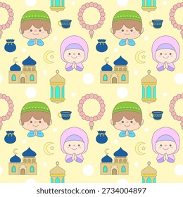 Sweet Seamless Ramadan Pattern with Muslim Kids and Elements Background