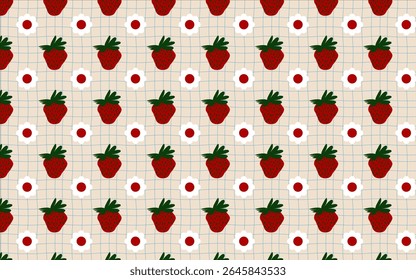Sweet seamless strawberry and daisy pattern on a soft grid. Perfect for fabric, apparel, digital paper, invitations, and charming product packaging. Fresh and playful design!