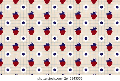 Sweet seamless strawberry, daisy, and polka dot pattern on a soft grid. Perfect for fabric, apparel, digital paper, invitations, and charming product packaging. Playful design!