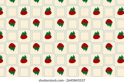 Sweet seamless tomato and postage stamp pattern. Perfect for fabric, apparel, digital paper, invitations, and charming product packaging. Unique and playful design!